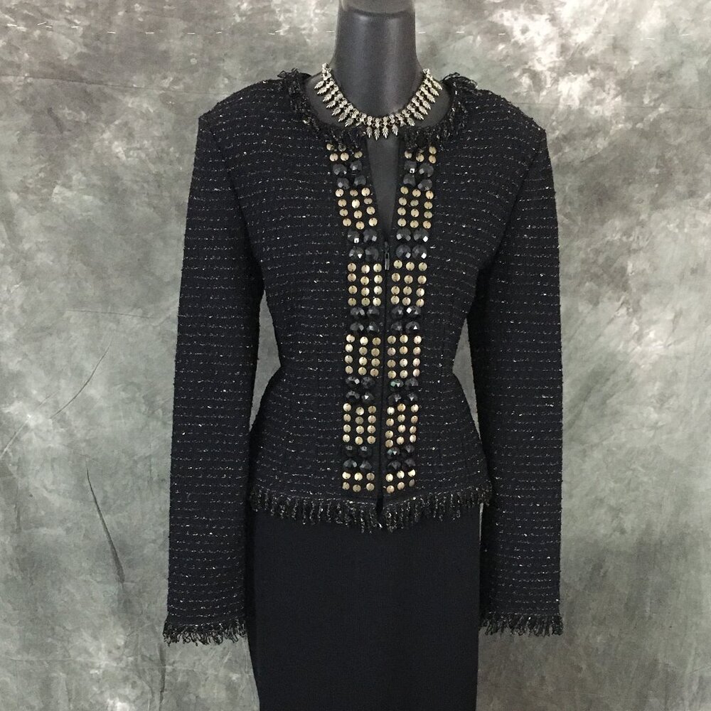 BEAUTIFUL st john couture knit black multi embellished jacket skirt suit 8 - Picture 2 of 9